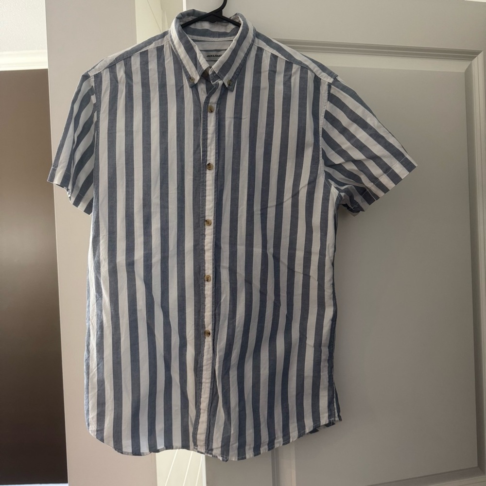 Blue and White Striped Jack and Jones Men's Shirt